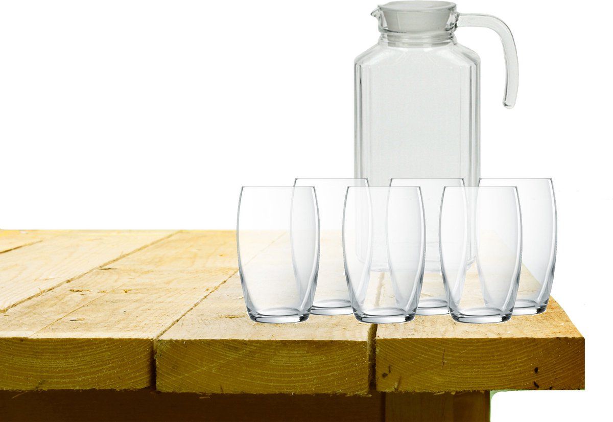 LUMINARC Karaf Schenkkan 1700 ml + 6x Versailles Drinkglazen 375 ML - Glas - Transparant