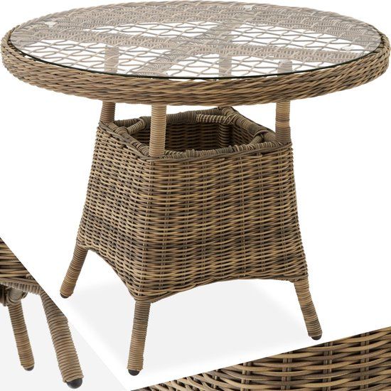 tectake - Round Garden Table with Glass Top - Natural - 90cm