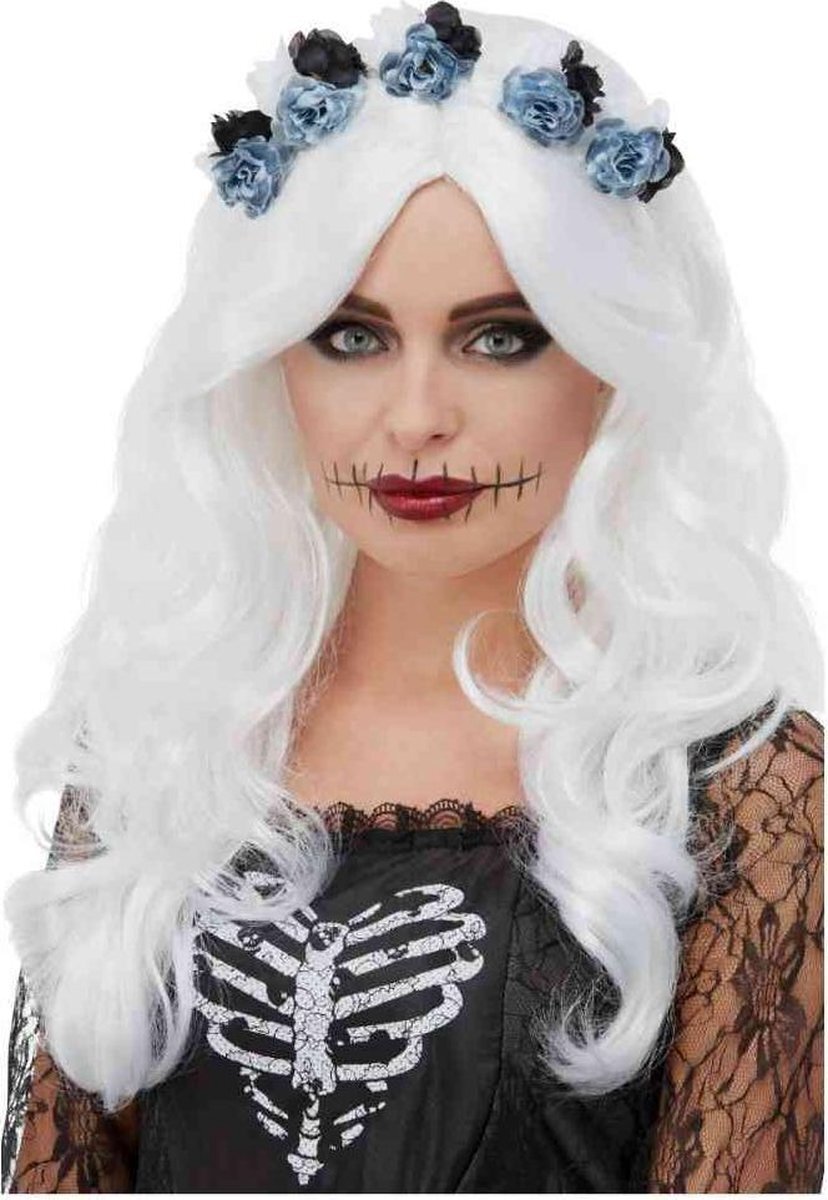 Smiffys Luxe Day of the Dead dames pruik wit met bloemen - Halloween verkleed accessoires voor volwassenen