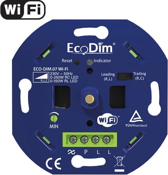 Ecodim Smart LED Dimmer Inbouw 0-250 Watt - Fase aan/afsnijding - WiFi - Google Assistant, Alexa, Apple HomeKit