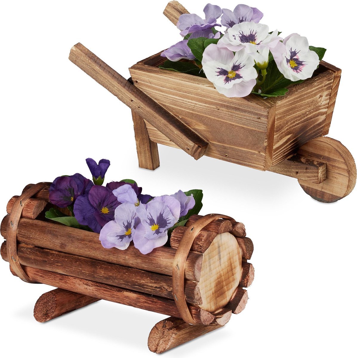 Relaxdays plantenbak hout - bloembak set van 2 - bloempot kruiwagen - tuindecoratie klein