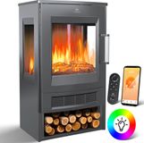 KESSER® Cheminée électrique avec radiateur soufflant, thermostat et WiFi, application, télécommande - Chauffage électrique avec 2 niveaux de chaleur 900/1800W, poêle électrique, effet flamme LED 9 modes de couleur, minuterie - anthracite