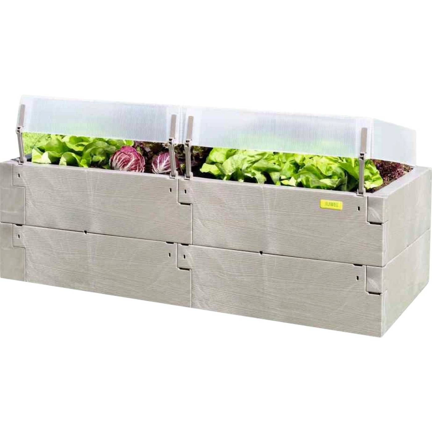 JUWEL Verhoogd bloembed Timber complete set (incl. 2 thermokappen, kruidenbed in houtlook, bloembedsysteem met hoge warmte-isolatie, afmetingen 130x60 cm, hoogte 52 cm, kappen afneembaar) 20474, grijs