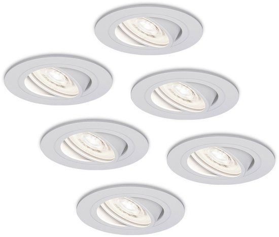 HOFTRONIC Set van 6 Pittsburg LED inbouwspots - Extra plat 58mm - GU10 LED Module - 6000K daglicht wit - Dimbaar - Rond - Kantelbaar - Voor binnen - Wit