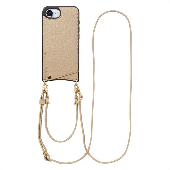 Selencia Hoesje - Geschikt voor Apple iPhone 17e / 16e - Backcover met koord en pashouder - Beige