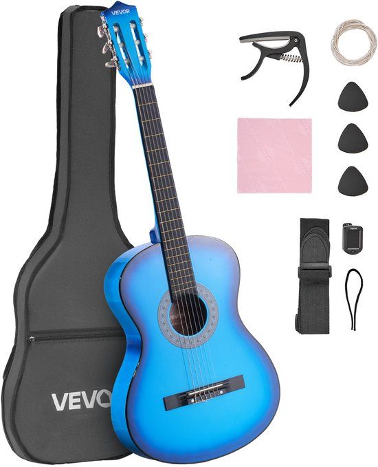 VEVOR Concertgitaar, 960MM, Houten Klassieke Gitaar Starterset voor Beginners, met Nylon Snaren, Gigbag, Riem, Tuner, Extra Snaren, Plectrums, Capo, Lindehout, voor Beginners, Blauw