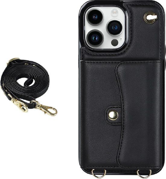 iPhone 7 Back Cover Case with Cord - Black - Faux Leather - Card Holder - JVS Products