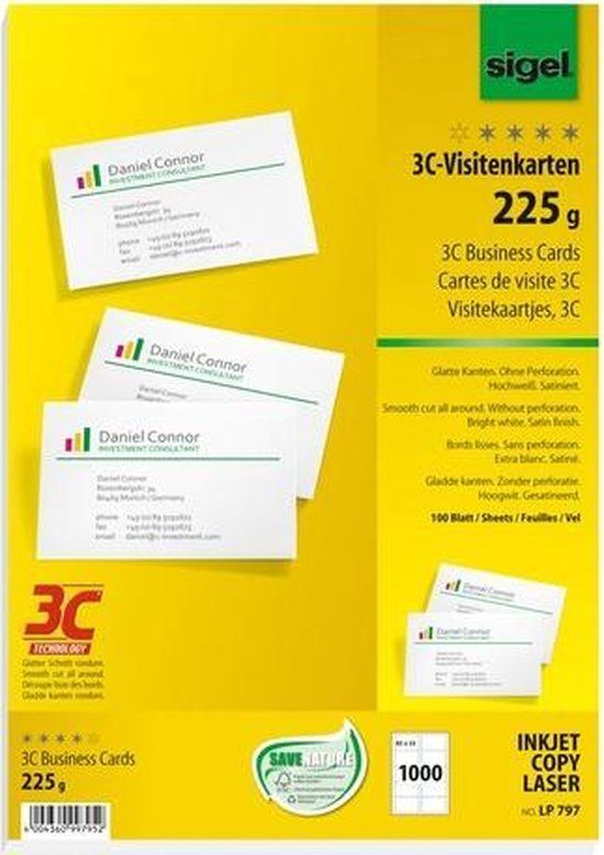 SIGEL visitekaartjes 3C 225g wit 1000 stuks gladde zijden rond