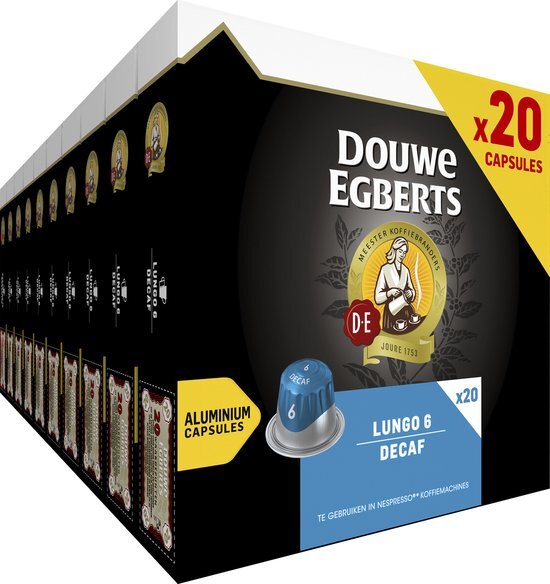 Douwe Egberts Koffiecups - Lungo Decaf Voordeelverpakking - 200 Koffie Capsules - Geschikt voor Nespresso* Koffiemachines - Intensiteit 6/12 - Cafeïnevrij - 10 x 20 Cups