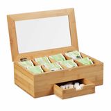 Relaxdays Theedoos Bamboe Kijkvenster 8 Vaks Theezakjeshouder met Lade 11x33x20 cm Natuur