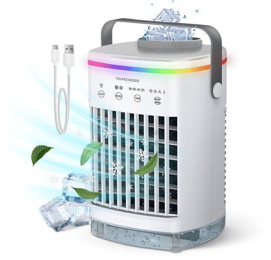 Vulpes Goods® Tech - Mini Airco PRO - Mobiele Airco - Luchtkoeler 4in1 - Aircooler - Tafelventilator - 4 windsnelheden, 2 luchtbevochtigingsstanden & timer - Lekvrij - Wit