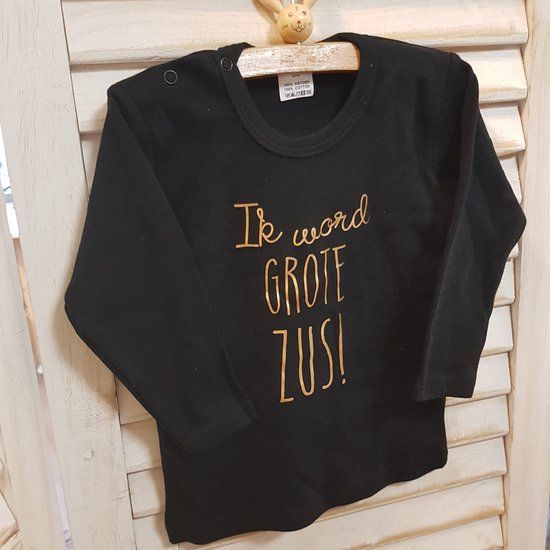Merkloos / Sans marque Shirt - Aankondiging zwangerschap Ik word grote zus - zwart met goud - maat 86