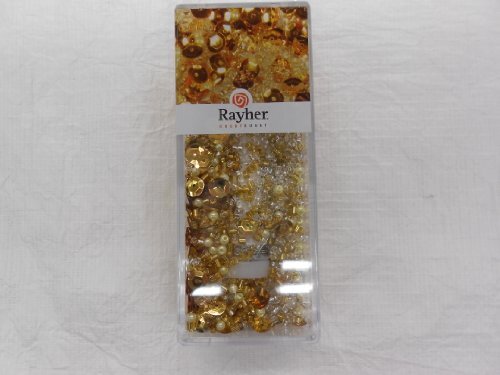 RAYHER 14538616 pailletten-/glasparelmix, goud, 80 g en 50 m draad 0,3 mm ø, knutselparels, rocailles, pailletten, wasparels, rijgdraad