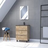 AURLANE Pack Meuble SDB 60cm sur pieds 3 tiroirs Chene_Vasque noire + Miroir Led - TIMBER 60