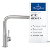 Villeroy & Boch Steel Shower keukenkraan, hoogte 270 mm – Roestvrij Staal | Uittrekbare handdouche, 360° zwenkbare uitloop, energiebesparende koudestartfunctie, hogedruk, 969701LC