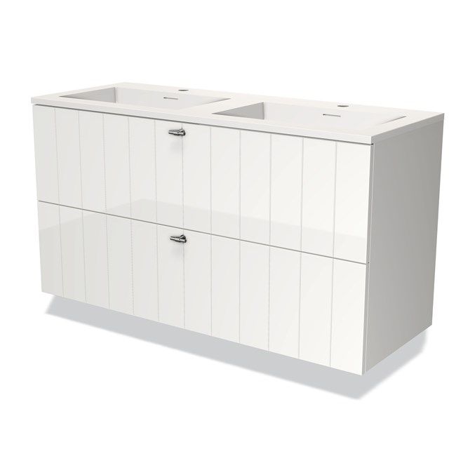 Maxaro Badkamermeubel 120cm Modulo Hoogglans Wit 2 Lades Lamel Wastafel Solid Surface