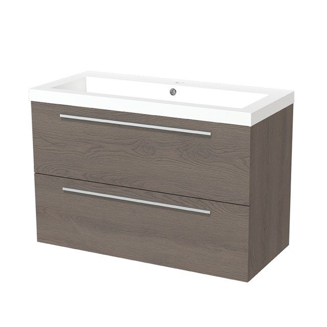 Maxaro Badkamermeubel 100cm Modulo Donkerbruin Eiken 2 lades Vlak Wastafel Mineraalmarmer