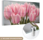 MuchoWow® Glass Painting 120x60 cm - Acrylic Glass Painting - Close-up of Pink Tulip Leaves - Photo on Glass - Paintings