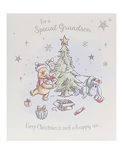 UK Greetings UK Greetings Winnie de Poeh Kleinzoon Kerstkaart met Envelop - Schattig, Ontwerp, Eeyore, Knorretje en Boom, Multi