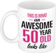 Bellatio Decorations Verjaardag cadeau mok 50 jaar - roze - grappige tekst - 300 ml - Sarah