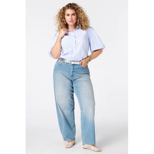 MS Mode Gestreepte Top met Glitters Plus Size - Lichtblauw