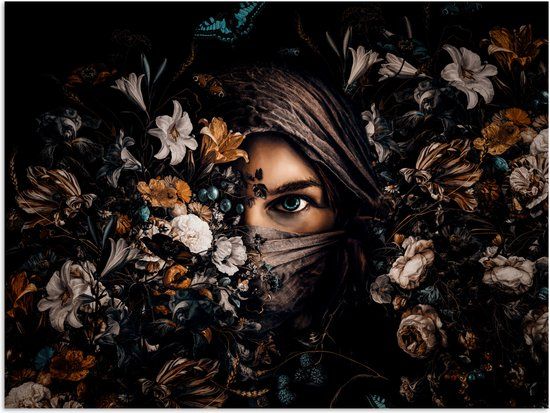 PosterMonkey Poster 120x90 cm - Vrouw - Bloemen - Vlinder - Portret - Papier