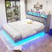 Lit Capitonné 180x200 Avec Rangement Et Led - Velours Gris Clair, Prises Usb, Design Flottant