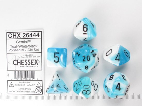 Chessex dobbelstenen set 7 polydice Gemini white-teal w/black