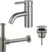Fortifura Calvi Ensemble de robinetterie de lavabo - robinet de lavabo bas - bouchon à tirette - siphon design - PVD - acier inoxydable brossé