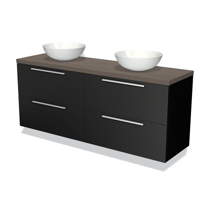 Maxaro Badkamermeubel voor Waskom 160cm Modulo Plato Mat Zwart 4 Lades Vlak Donkerbruin Eiken Blad