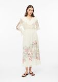 Comma Jurk lichtbeige met volant en trompetmouwtjes