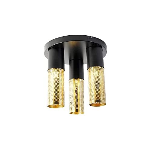 QAZQA - Industrieel | Industrie plafondlamp zwart met goud rond 3-lichts - Raspi | Woonkamer | Slaapkamer | Keuken - Staal Rond - E27 Geschikt voor LED - Max. 3 x 25 Watt