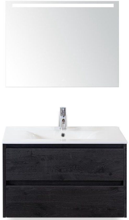 BES LED Dante Badmeubelset 80 cm - Black Oak - Keramische Wastafel Wit Enjoy met Sence Spiegel