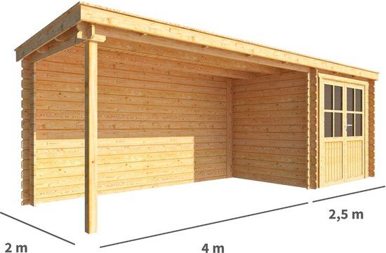Merkloos Blokhut met overkapping Els 650 cm bij 200 cm diep Lessenaarsdak bruin
