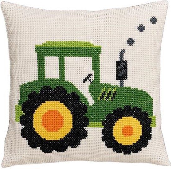 Permin Borduurpakket Kussen Voorzijde Tractor Telpatroon - Stof - 30x30 cm