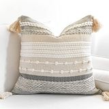 BlissBlush Blauwgrijs en crème boho sierkussensloop, decoratieve geweven getextureerde kussensloop, sofa sofa kussensloop met kwastjes