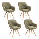 MEUBLE COSY Set van 4 Scandinavische eetkamerstoel kaptafel fauteuil draaibare stoel met armleuningen voor slaapkamer woonkamer keuken kantoor, bekleed met stof massief houten poten, groen