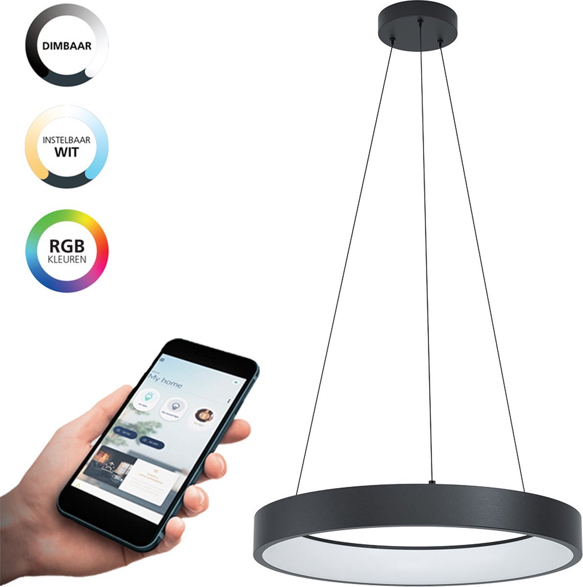 EGLO Connect EGLO connect.z Marghera-Z Smart Hanglamp - Ø 60 cm - Zwart/Wit - Instelbaar RGB & wit licht - Dimbaar - Zigbee