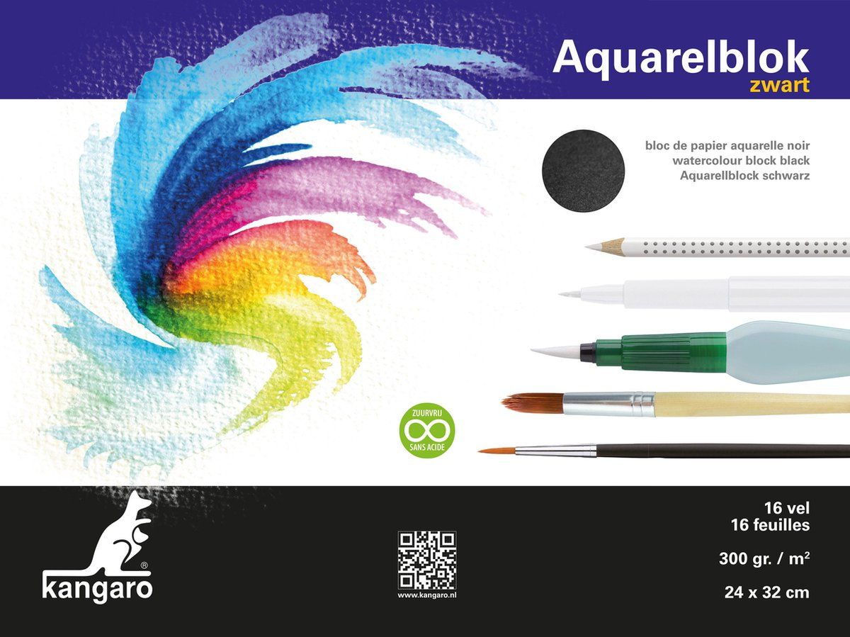 Kangaro Blok aquarelpapier 32x24cm 300 gram 16 vel zwart