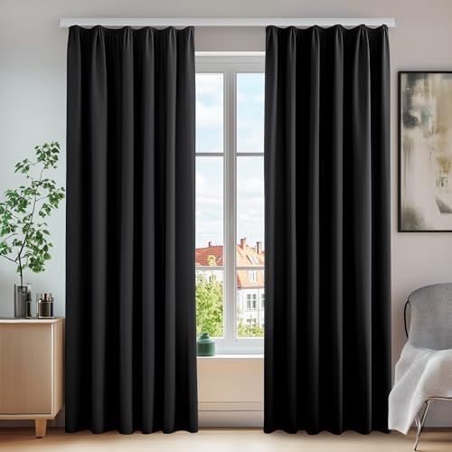 Deconovo Set van 2 gordijnen, keuken, woonkamer, ondoorzichtig, interieur, decoratie, woonkamer, plooiband, gordijn, slaapkamer, volwassenen, raam, binnen, Halloween, zwart, 140 x 220 cm