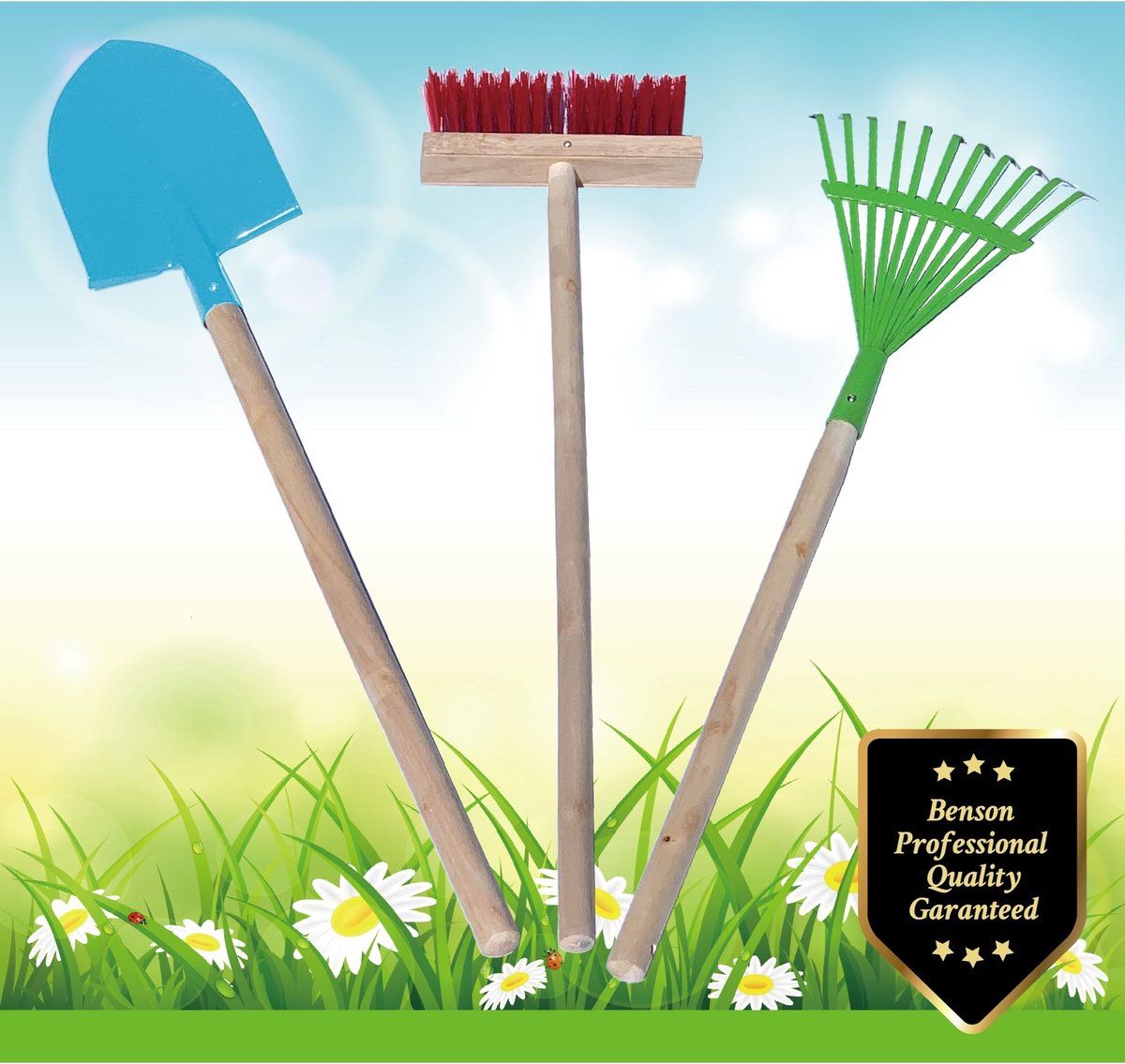 Benson Tuin gereedschap Kinder set - Hark - Schep - Bezem - Hout - Blauw/Groen/Rood