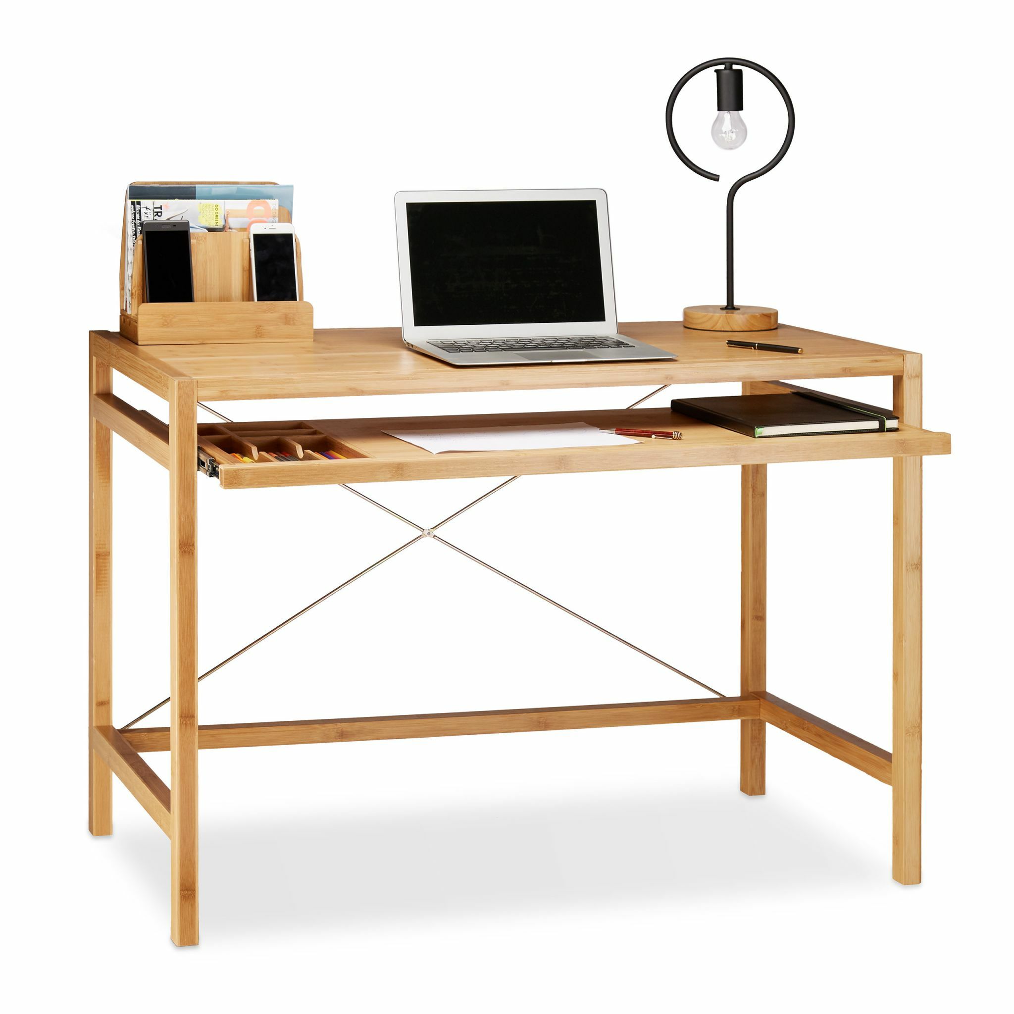 Computertafel - 76,5 x 106,5 x 55,5 cm - uitschuifblad voor toetsenbord - bamboe - natuur