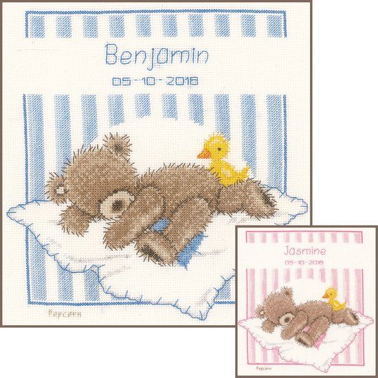 Vervaco borduurpakket popcorn bear, geboorte (incl. blauw/rose garen)