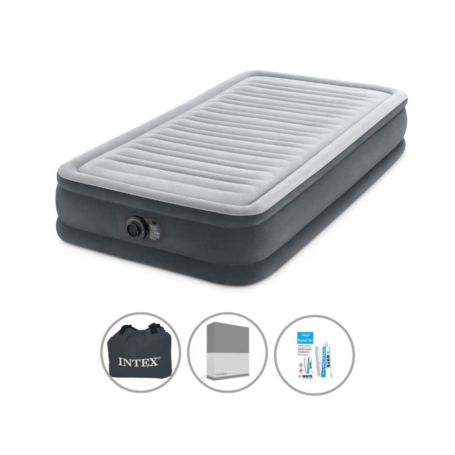 Intex Luchtbed 1 Persoons 99 x 191 x 33 cm Grijs - Met ingebouwde pomp + Hoeslaken Antraciet + Reparatieset