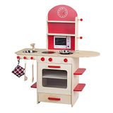 roba Speelkeuken, houten keuken natuur, rood, kinderkeuken met fornuis, gootsteen, kraan & rek