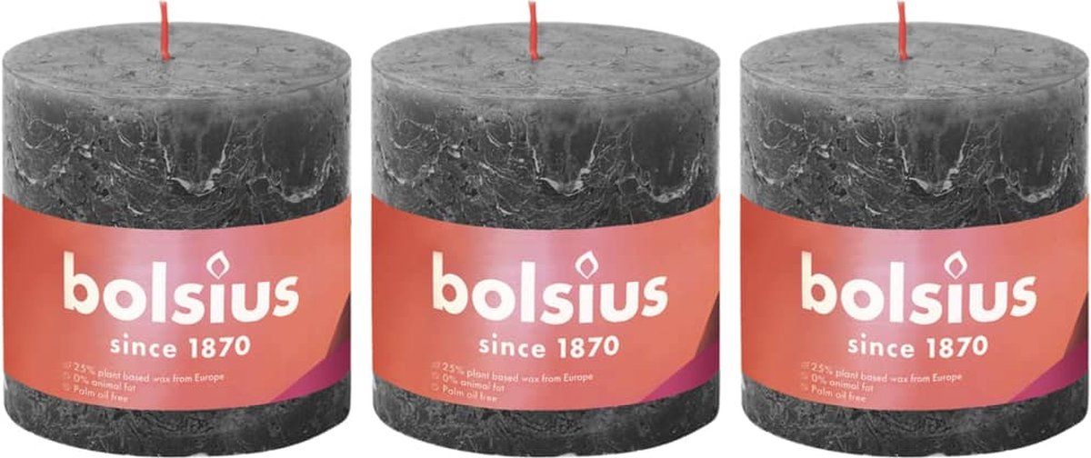 Bolsius Stompkaarsen Shine 3 st rustiek 100x100 mm stormgrijs