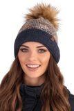 Vivisence Dames Wintermuts pompon - Donkerblauw - Wolmix - Fleecevoering - Antistatisch