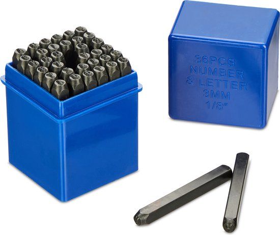 Relaxdays slagletters, 36-delige set, 3 mm, staal, A-Z & 0-9, voor leer en metaal, zwart