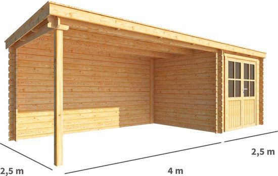 Merkloos Blokhut met overkapping Els 650 cm bij 250 cm diep Lessenaarsdak bruin