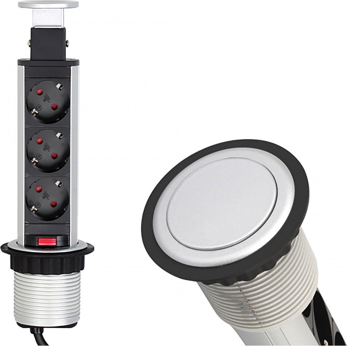 DESIGN LIGHT Verticale Stekkerdoos - Pop up stekkerblok met 3 stopcontacten - Zilver